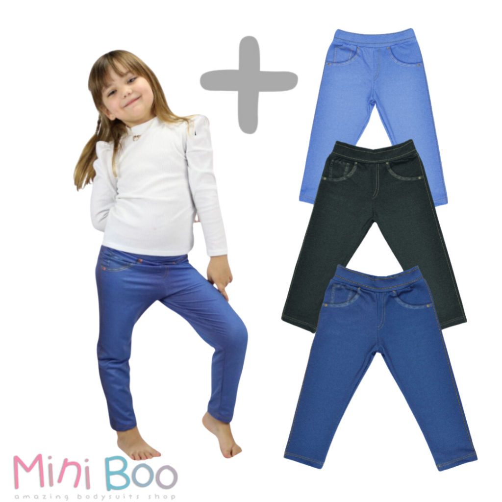 Kit 3 Calças Fake Jeans Sem Elástico Proteção Solar 50+ Para Bebês E Infantil - 3 Cores Azul Médio, Azul Escuro E Preta
