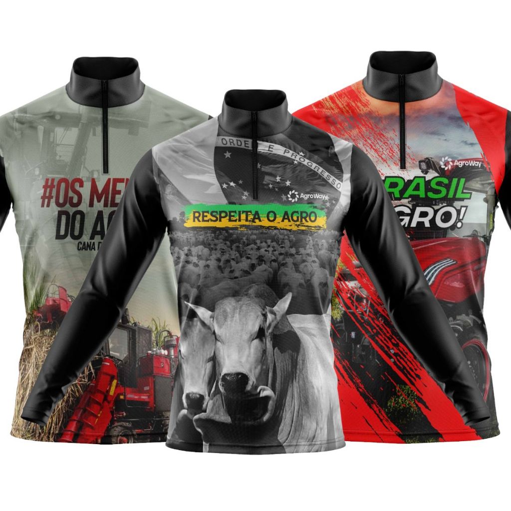 Kit 3 Camisa Camiseta Agro Manga Longa Zíper Trator Colheitadeira Lavoura Milharal Plantação Café Produção Rural