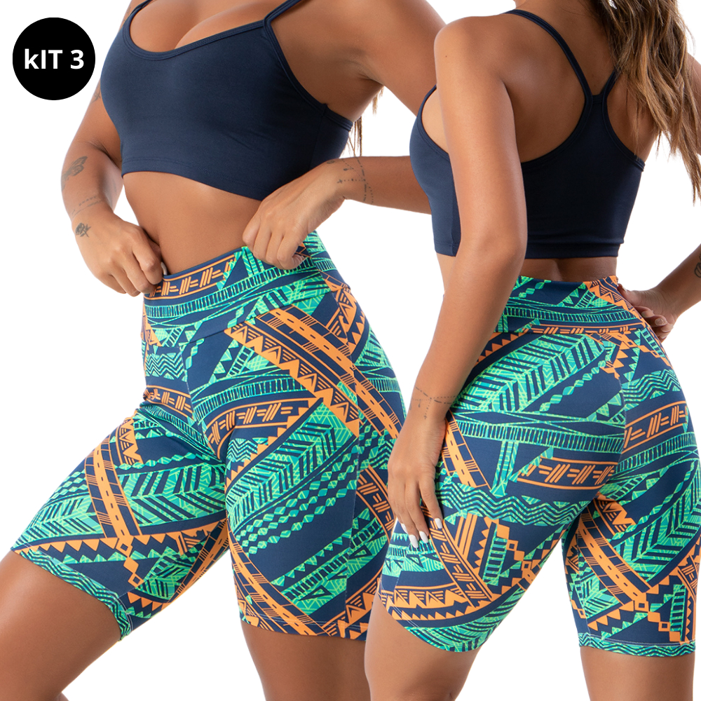 kit 3 Bermudinha Bermuda Estampada Feminina Fitness Academia Suplex