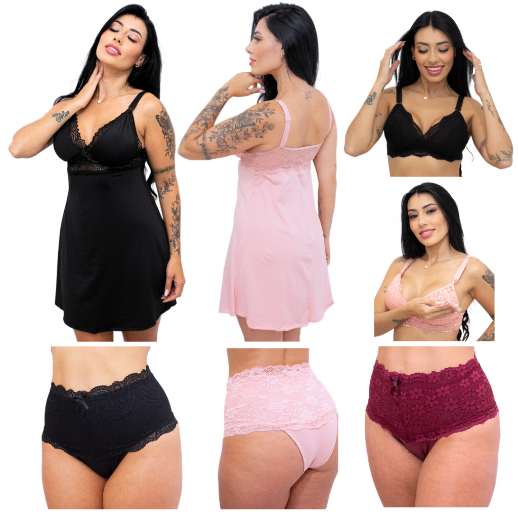 Kit PROMOÇÃO 7 peças Amamentação Camisola Calcinha Sutien Sem Bojo Gestante Maternidade Pó...