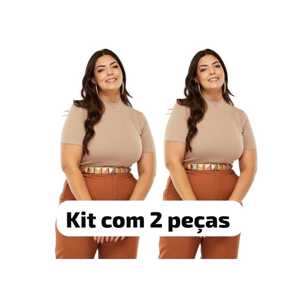 Kit 2 Camisao Gola Alta Oversized Feminino Plus Size Blusa Social Elegante e Casual Manga Curta