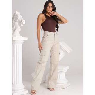 Calça Jeans Feminina Wide Leg Cargo Cintura Alta Premium Pantalona em Oferta na Shopee