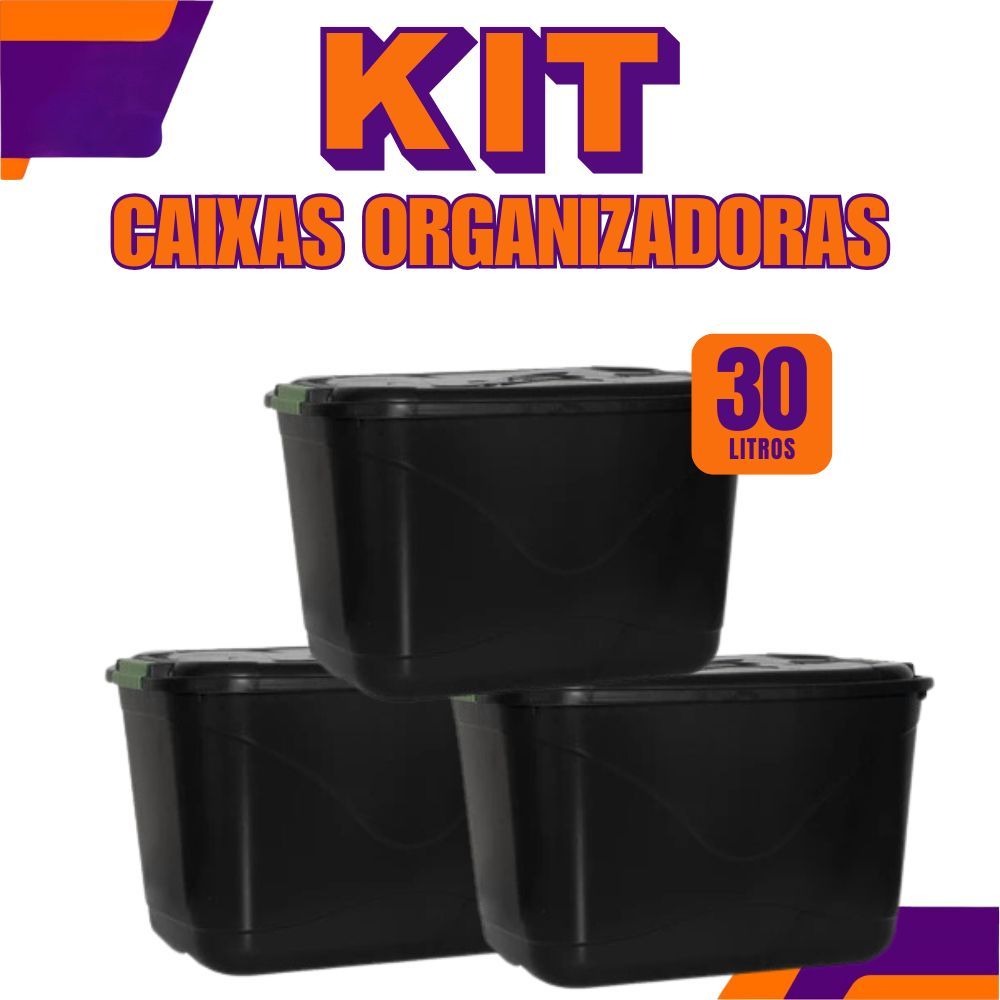 Kit Caixas Organizadora C/ Tampa e Trava 30L Cestos Organizadora  Grande para Brinquedos e Multius