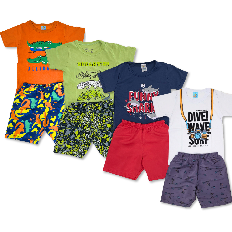 Kit 8 Peças Conjunto Roupa Infantil Menino Verão Camiseta + Shorts Estampado Sortidos