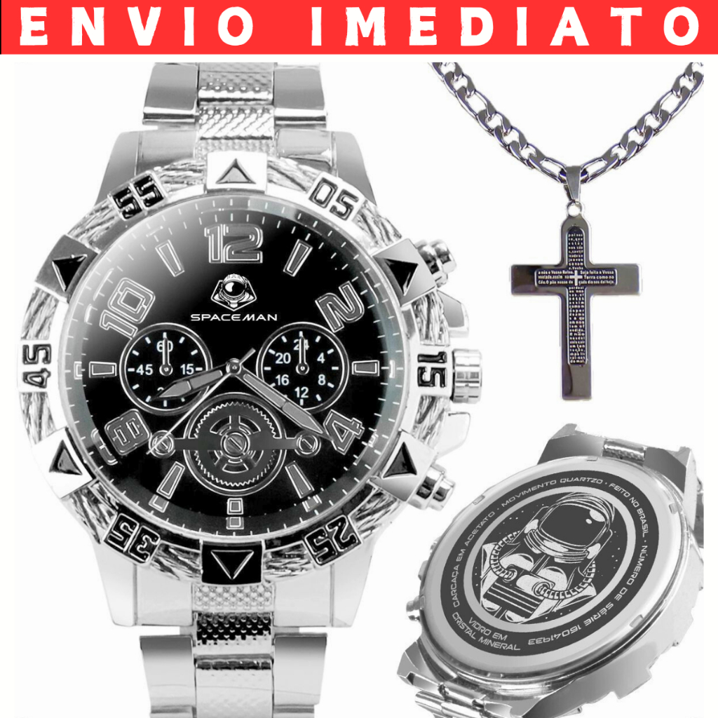 Relógio Masculino Luxo A Prova D Água Aço Inox + Corrente Cruz Crucifixo Religioso Grande Robusto