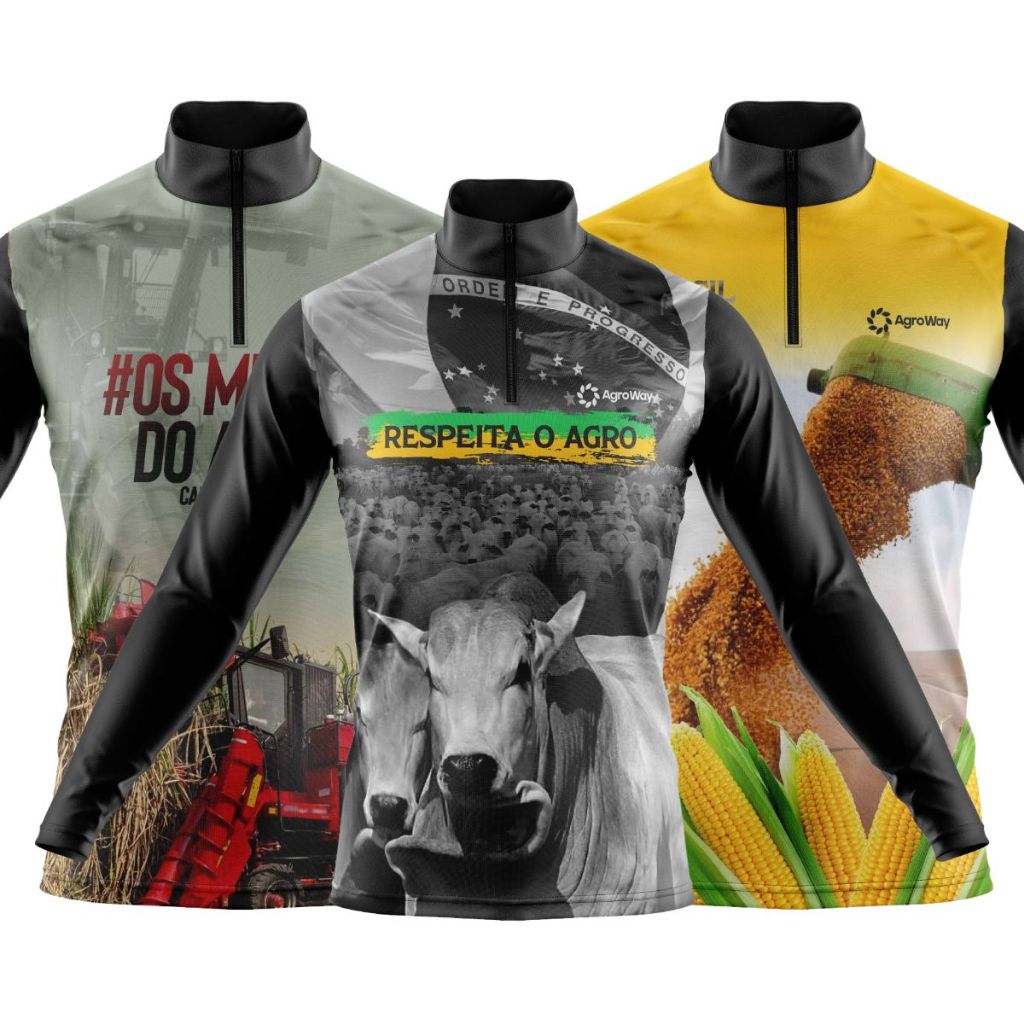 Kit 3 Camisa Camiseta Agro Manga Longa Zíper Colheita Trator Produção Rural Pecuarista Gado Brasil Estilo Fazenda