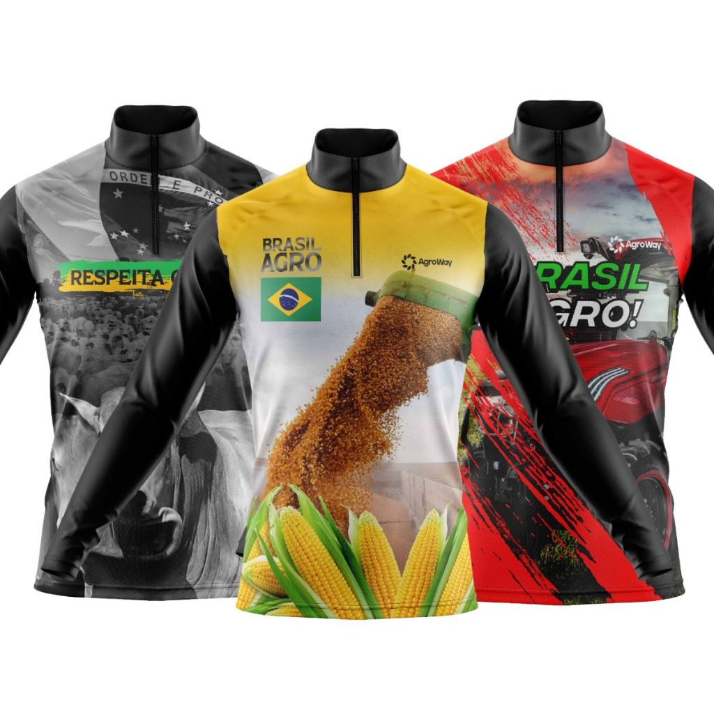Kit 3 Camiseta Camisa Agro Manga Longa Zíper Produção Solar Uv Trator Colheita Produtor Rural Moda Rural Plantação Roça