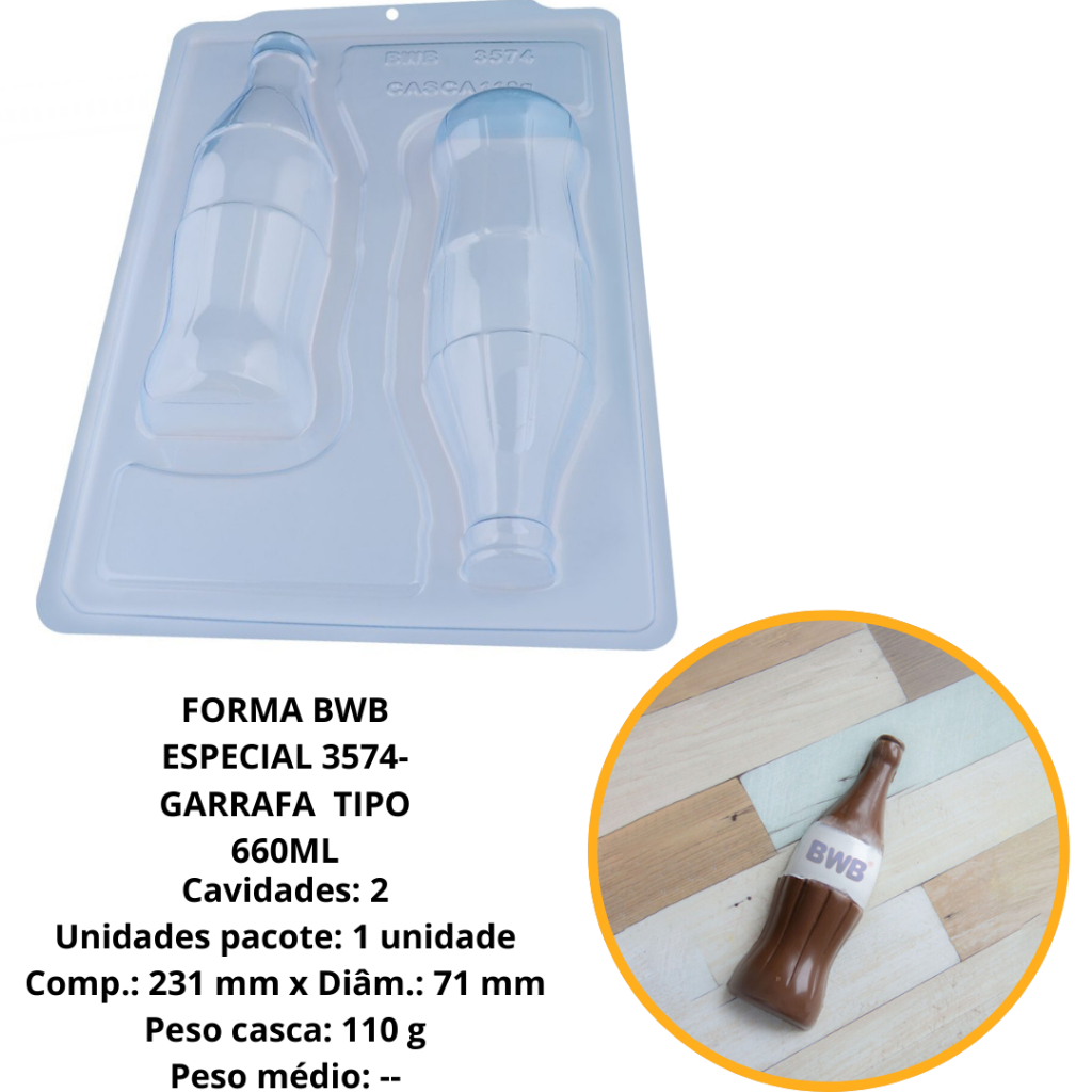 1~4 Forma BWB Com Silicone Semiprofissional,  Doces Finos Chocolates Cód. 3574 - SP Garrafa Tipo Coca-Cola