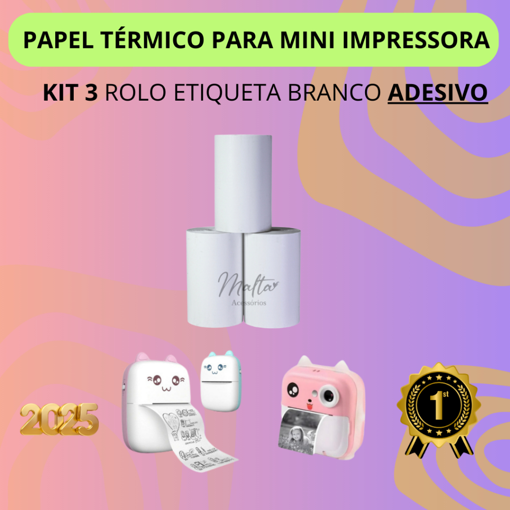Kit com 3 ou 5 ou 10 rolos Etiqueta Bobina Adesiva Para Mini Impressoras Gatinho ESCOLHA NA VARIAÇÃO