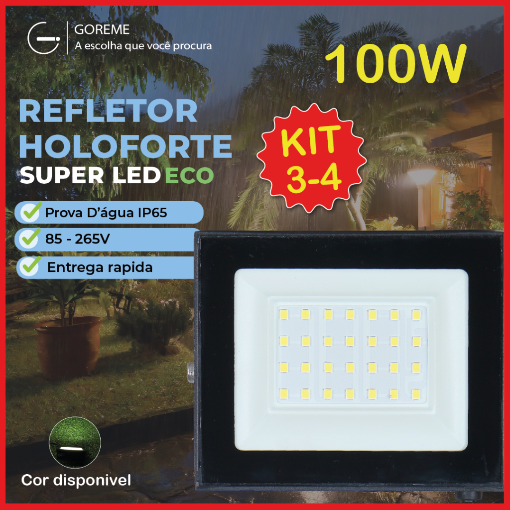 Kit 4 Holofote Refletor Led ECO Pro 100W Branco Frio 6500K  Branco Quente Verde| IP65 | Luz Econômica | Para Jardim - Home & Living