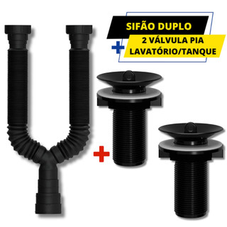 Sifão Duplo Preto Sanfonado + Válvula Tanque/Lavátorio ABS Preto Kit Sifão Duplo Preto + 2 Válvulas