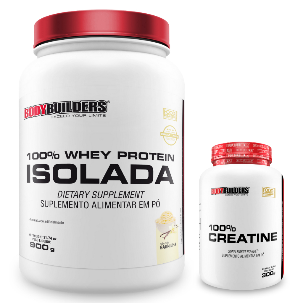 Bodybuilders 100% Whey Protein Isolado 900g + 100% Creatina 300g - Ganho de massa magra/Performance - Health