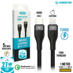 Cabo USB-C para Lightning 27W Carregamento Turbo Kimaster CB817 1 metro Nylon QC 3.0
