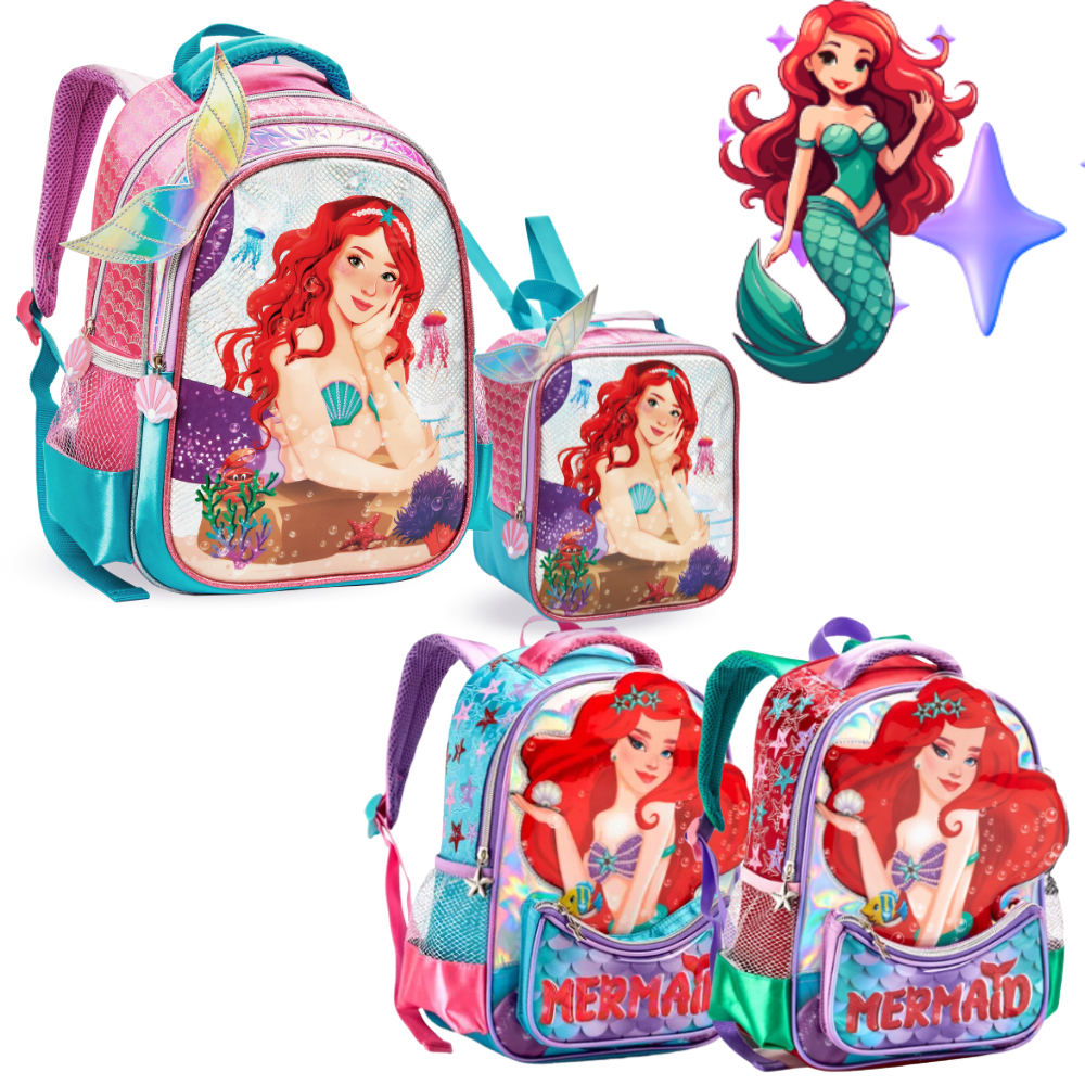 Mochila Sereia 3D Infantil Menina Escolar Passeio Creche Grande e Pequena Reforçada Mermaid Denlex