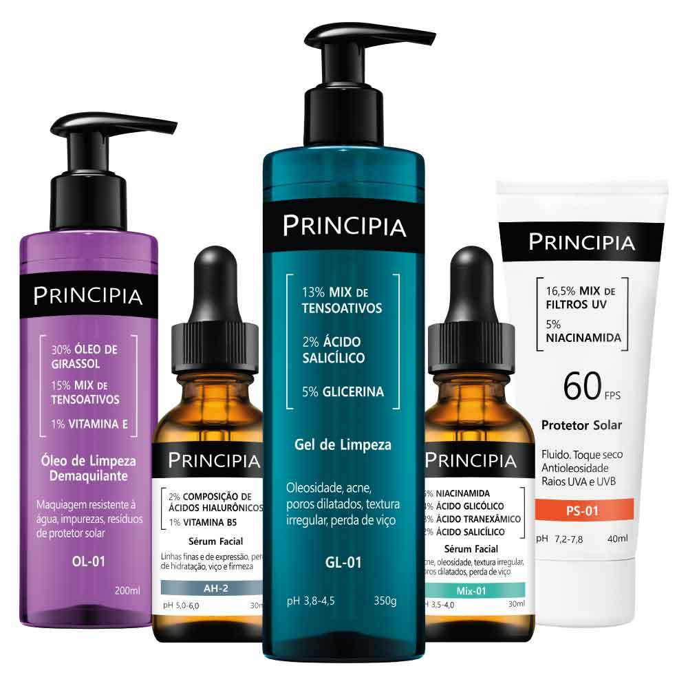 Principia Kit Antiacne Demaquilante Essencial - GL-01 + MIX-01 +Protetor solar facial+ OL-01 + AH-2 - Beauty