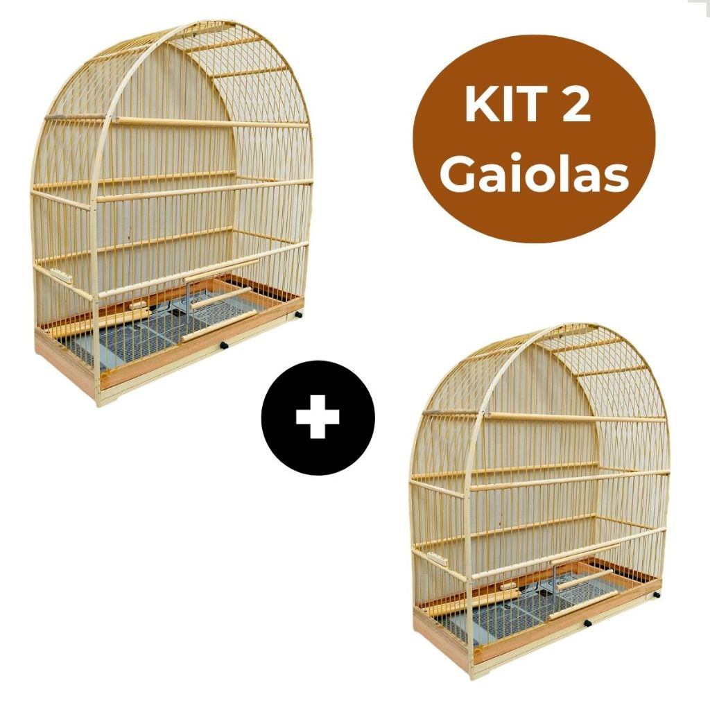 kIT 2 Gaiolas de Madeira e Fibra de Base em Aluminio Premium Coleiro Papa Capim Malha Fina
