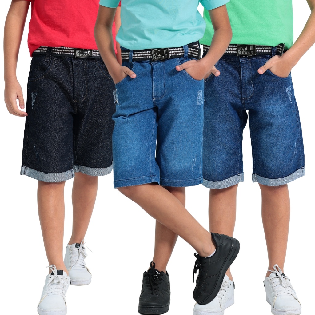Kit com 3 Bermuda Jeans Adolescente Regulador Interno Elastano Masculino