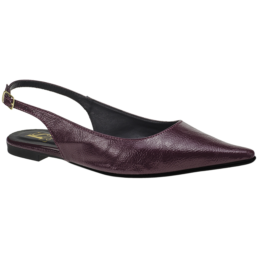SlingBack Sapatilha Bico Fino com Fivela Verniz Texturizado Confortável Fashion 4130