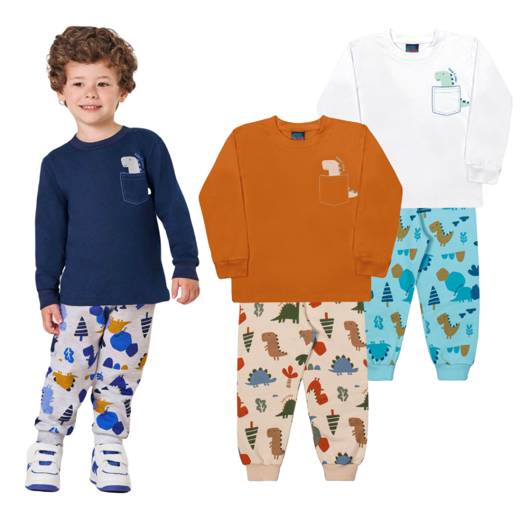 Conjunto de camiseta meia malha e calça Moletom  Peluciado estampada Dinossauro da Marca Kiko e Kika