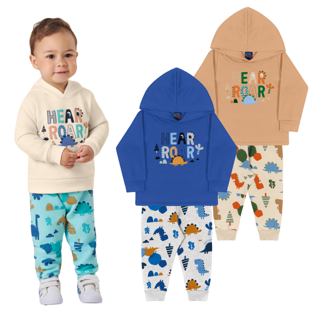 Conjunto de  Blusão estampada Dinossauro com capuz e calça Moletom Peluciado tam P.M.G Kiko e Kika