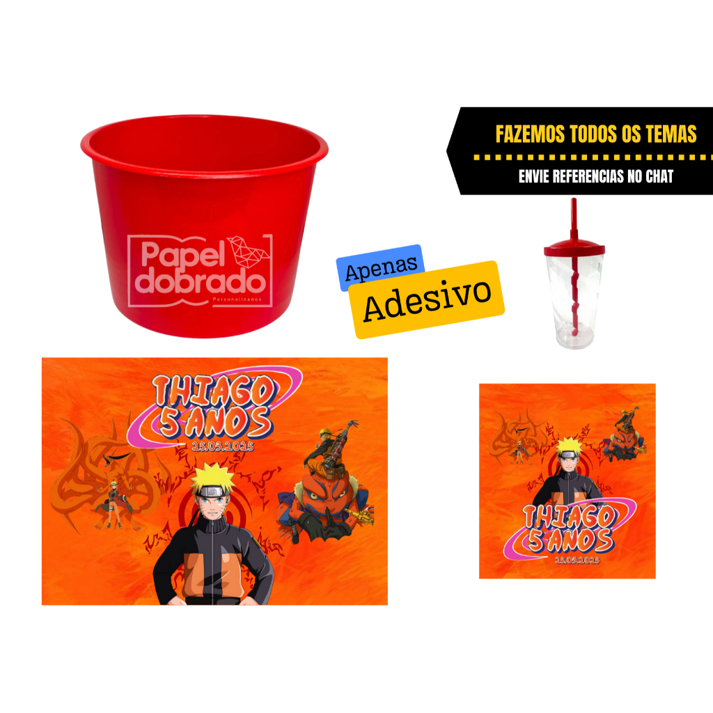 ADESIVO PARA BALDE DE PIPOCA - NARUTO - FAZEMOS QUALQUER TEMA - NÃO ACOMPANHA BALDE