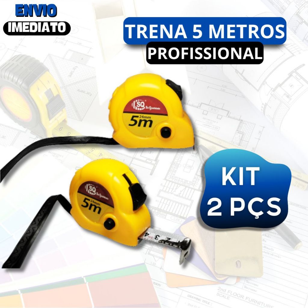 Kit 2 Trena Métrica Profissional 5 Metros Emborrachada Com Trava Fita de Aço Grossa Arquiteto Obra