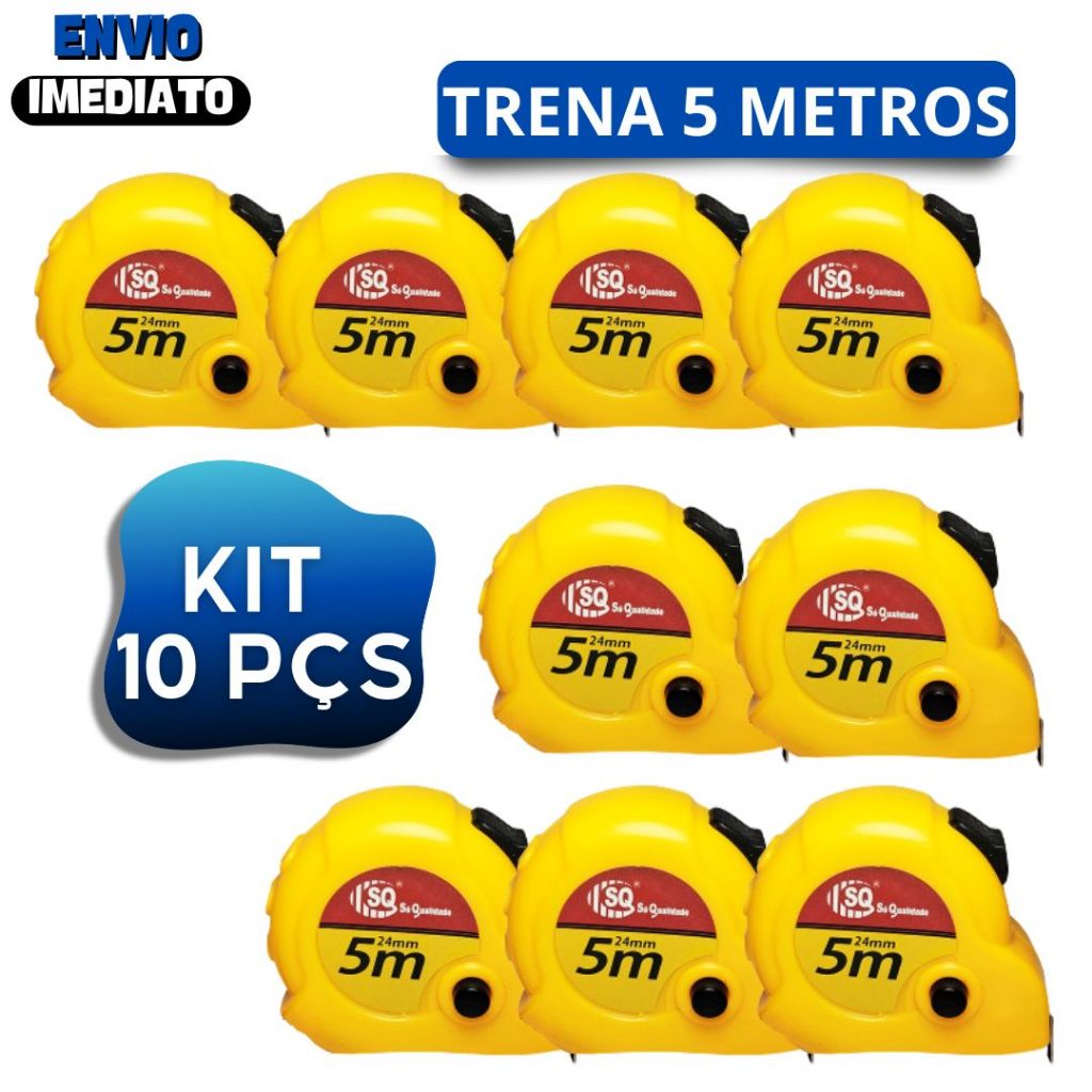 Kit 10 Trena Métrica 5 Metros Profissional Emborrachada com Trava Fita de Aço e Grossa Durável