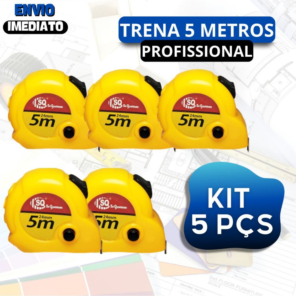 Kit 5 Trena Métrica 5 Metros Profissional Emborrachada com Trava Fita de Aço e Grossa Durável