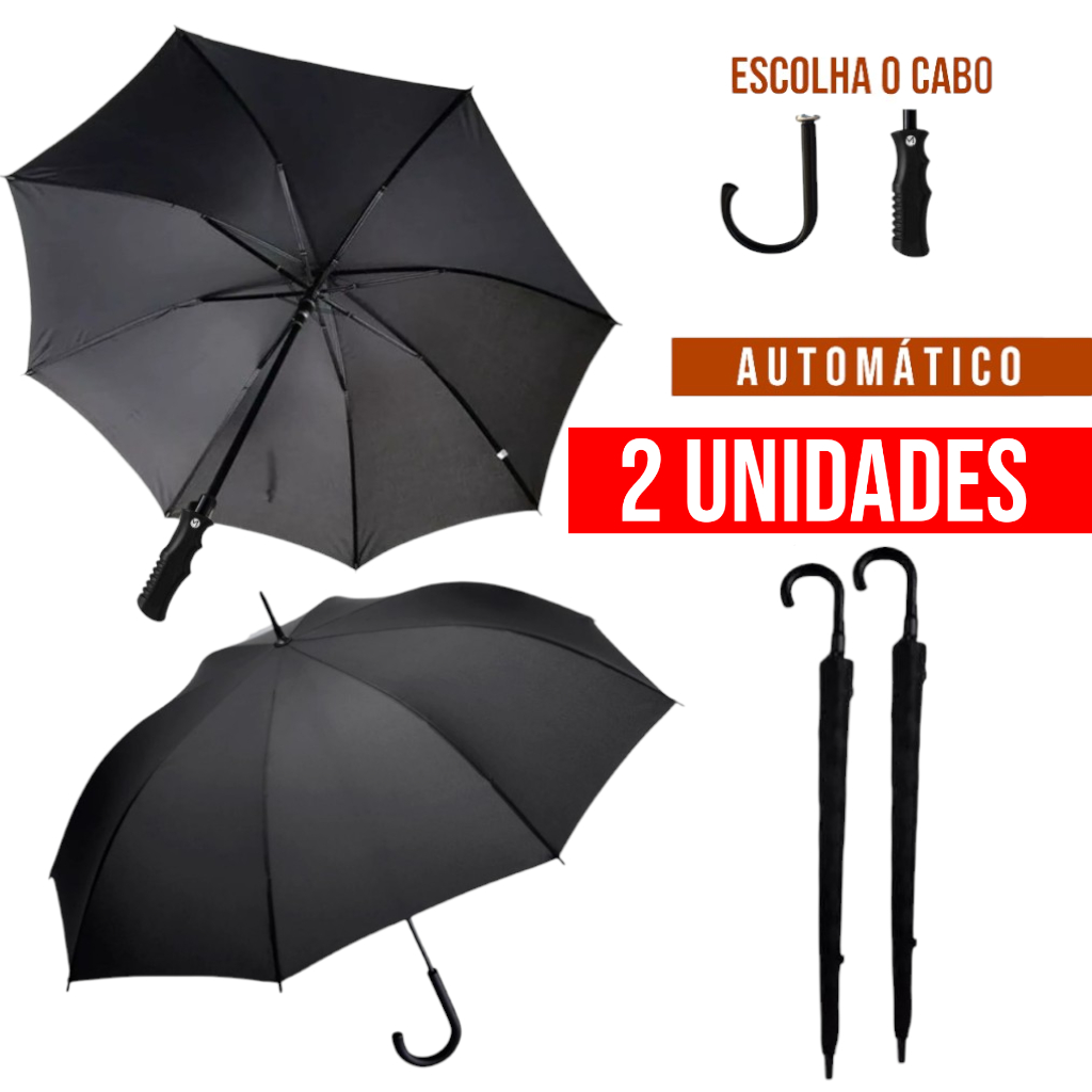 kit 2 Guarda Chuva Automático Preto Cabo curvo Bengala reto Resistente Reforçado sol Grande Portaria