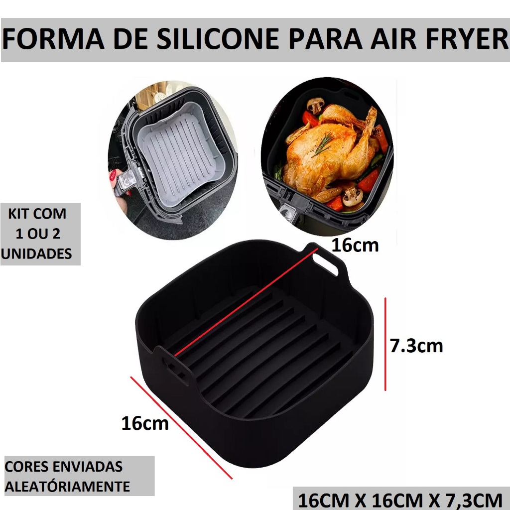 Forma De Cozimento Quadrada De Silicone Para Air Fryer 16CM X 16CM X 7,3CM Multicolorida Com Alças