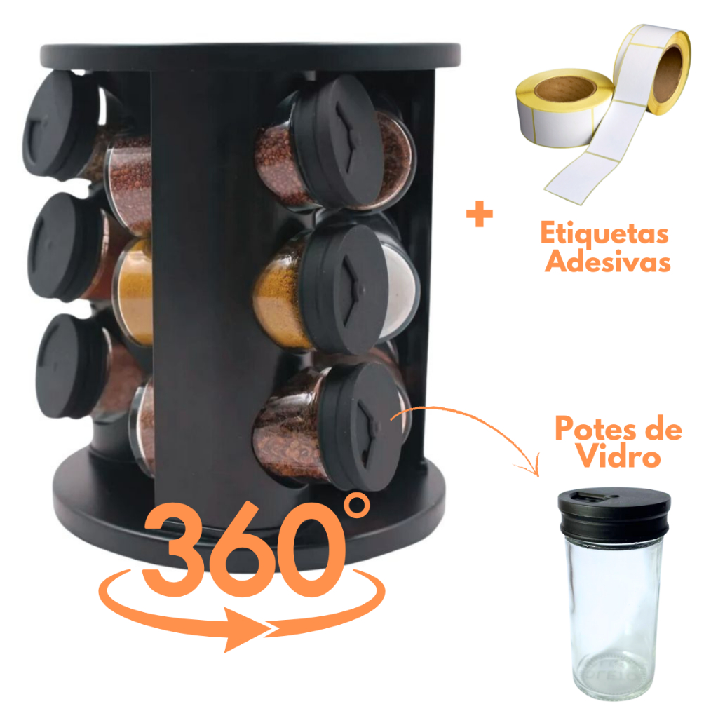 Porta Condimentos Giratório Tempero com 9 potes de Vidro