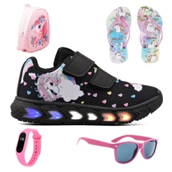 Tenis Infantil De Led Unicornio Meninas Casual + Mochila + Chinelo + Oculos + Relogio