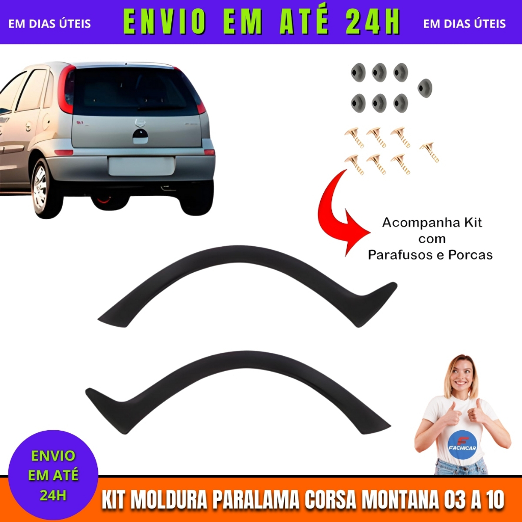 Kit Moldura Paralama 2 Dianteiro + 2 Traseira Corsa Montana Hatch 03 04 05 06 07 2010 Jogo 4 Peças