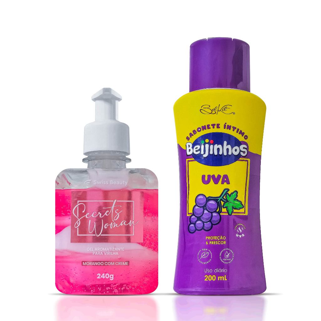 Kit Gel Aromatizante Íntimo Beijável Morango 240g + Sabonete Íntimo Uva 200ml Cuidado Vaginal Swiss Beauty Belkit