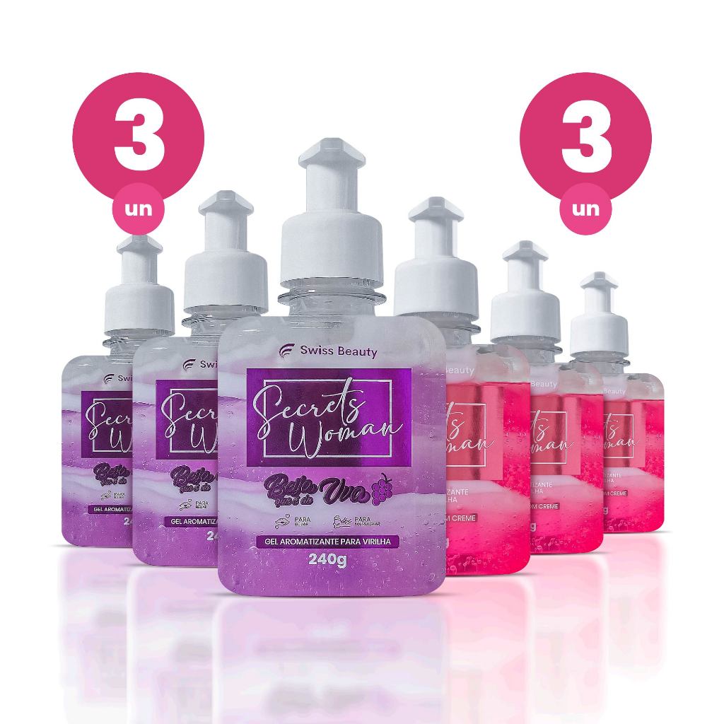 Kit 6 Gel Aromatizante Íntimo Beijável 240g 3 de Sabor Morango e 3 de Sabor Uva Cuidado Vaginal Swiss Beauty Belkit - Health