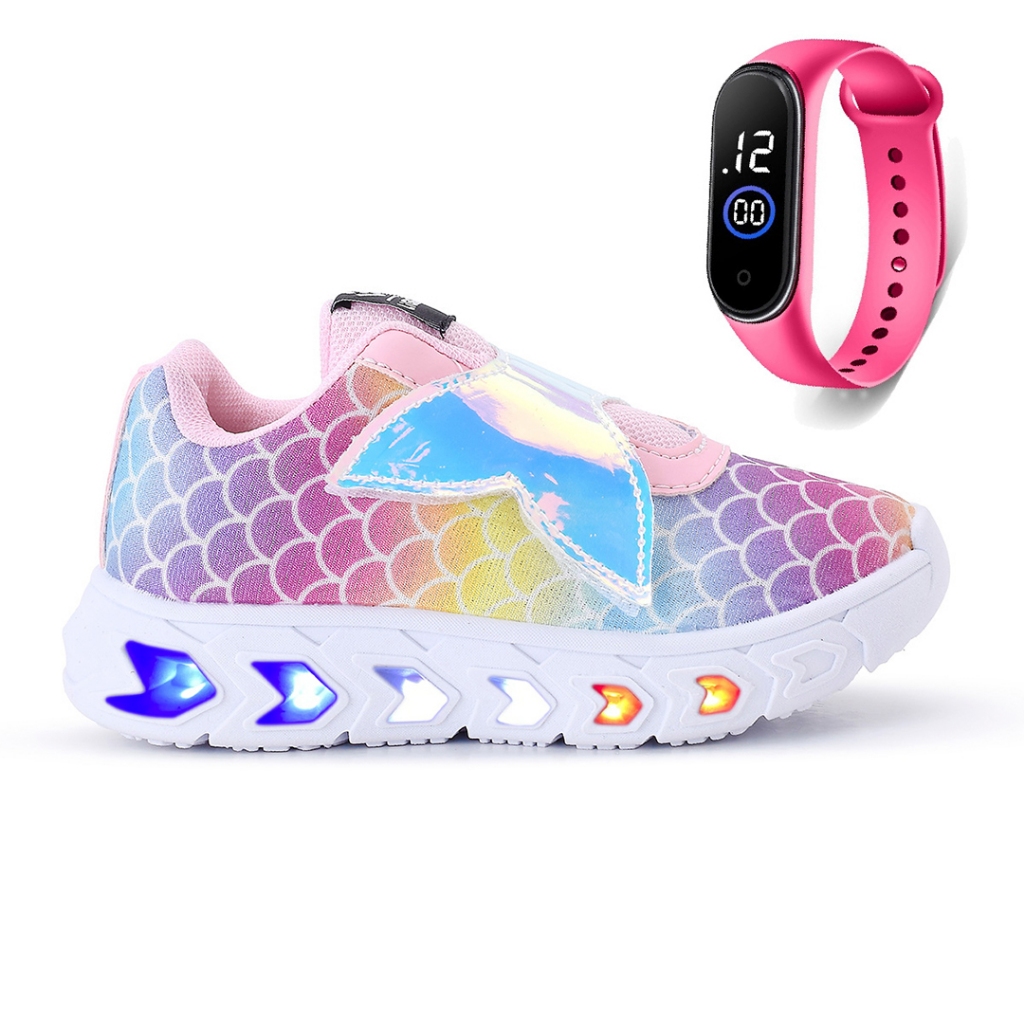 Kit Tenis De Led Feminino Sereia Glitter Refletivo + Relogio em Oferta na Shopee