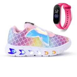 Kit Tenis De Led Feminino Sereia Glitter Refletivo + Relogio