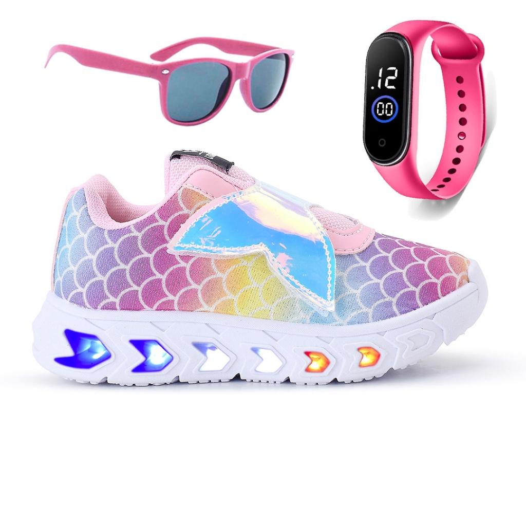 Kit Tenis De Led Feminino Sereia Glitter Refletivo + Oculos + Relogio em Oferta na Shopee