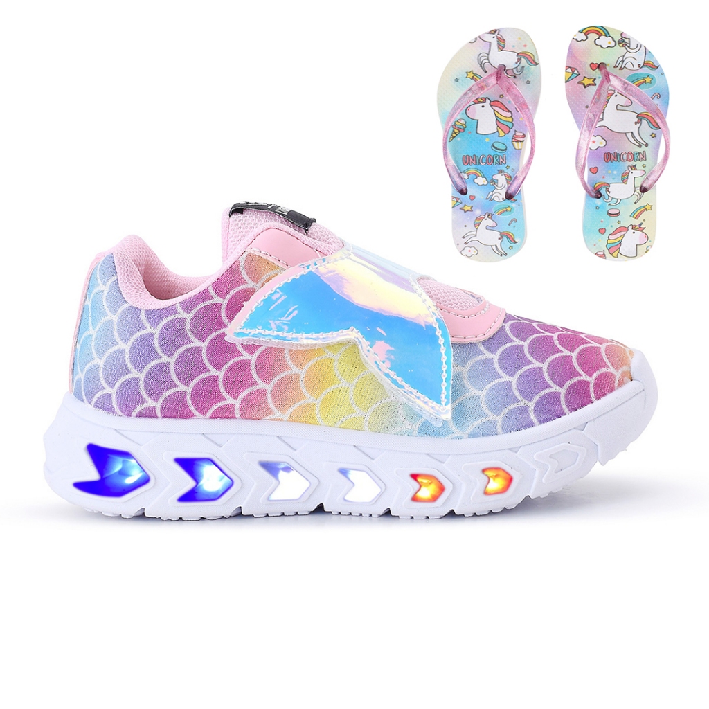 Kit Tenis De Led Feminino Sereia Glitter Refletivo + Chinelo em Oferta na Shopee