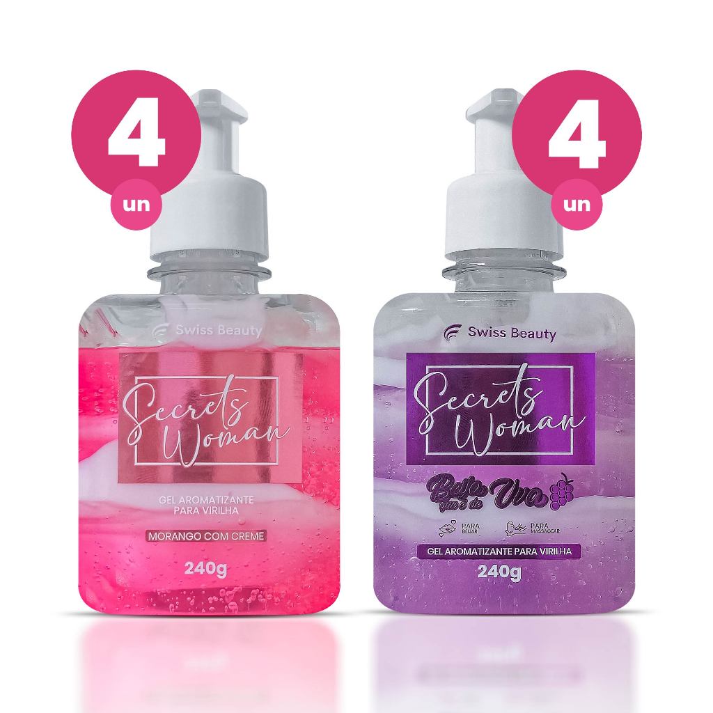 Kit 8 Gel Aromatizante Íntimo Beijável 240g 4 de Sabor Morango e 4 de Sabor Uva Cuidado Vaginal Swiss Beauty Belkit