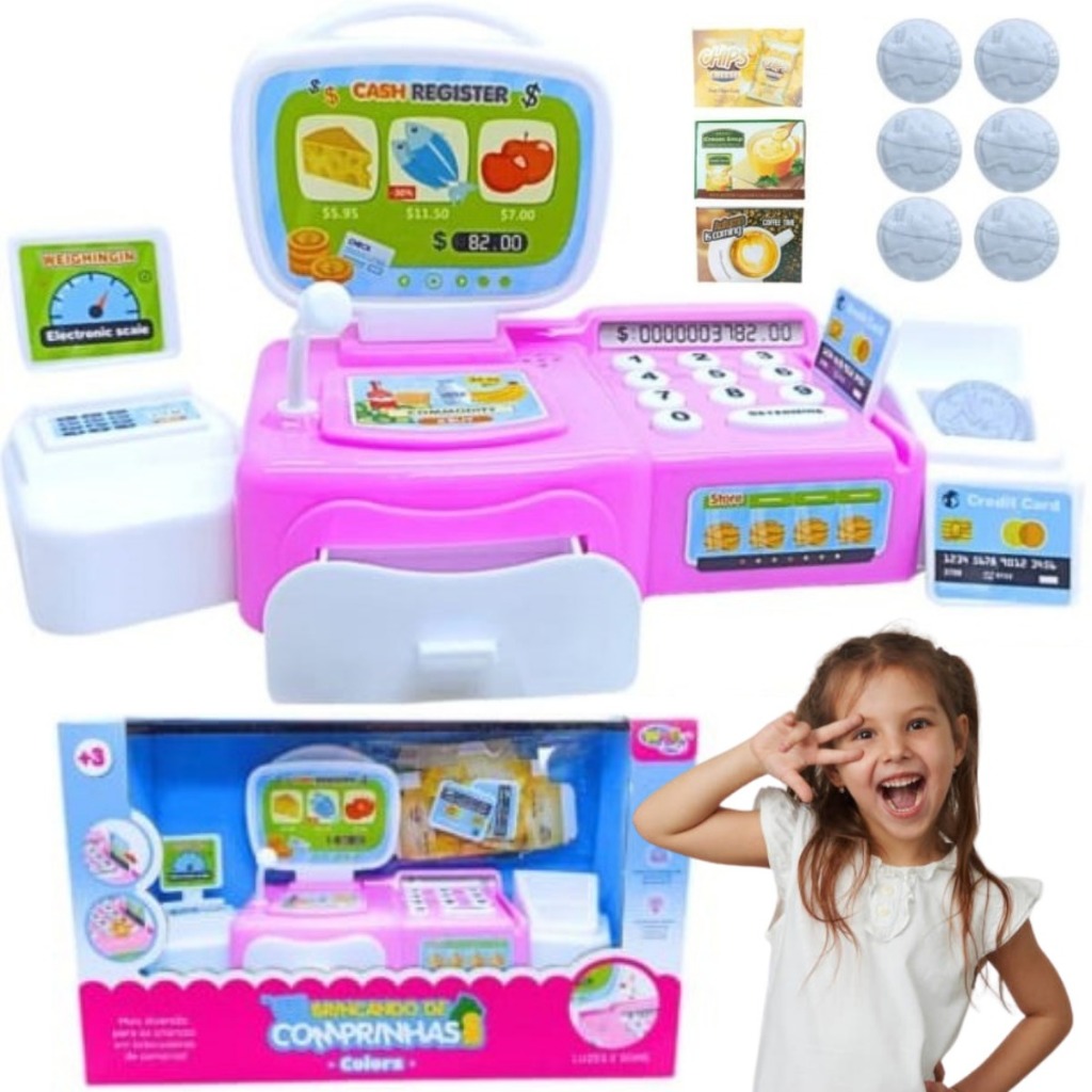 Brinquedo Caixa Registradora COM GAVETA E SCANNER + CARTÃO Mini Mercado Luz E Som Comprinhas