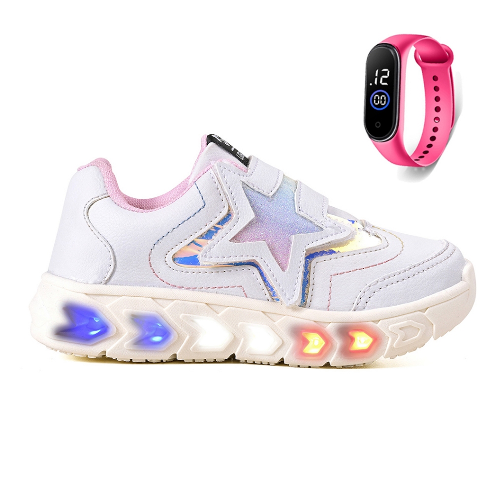 Tenis Infantil De Led Meninas Estrela Holografico Casual + Relogio em Oferta na Shopee