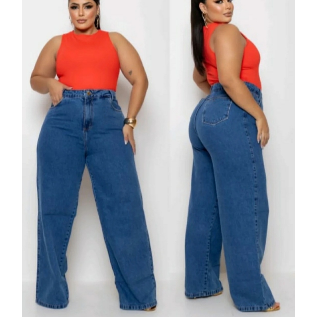 Calça feminina wide leg plus size jeans cintura alta Sem lycra fashion em Oferta na Shopee