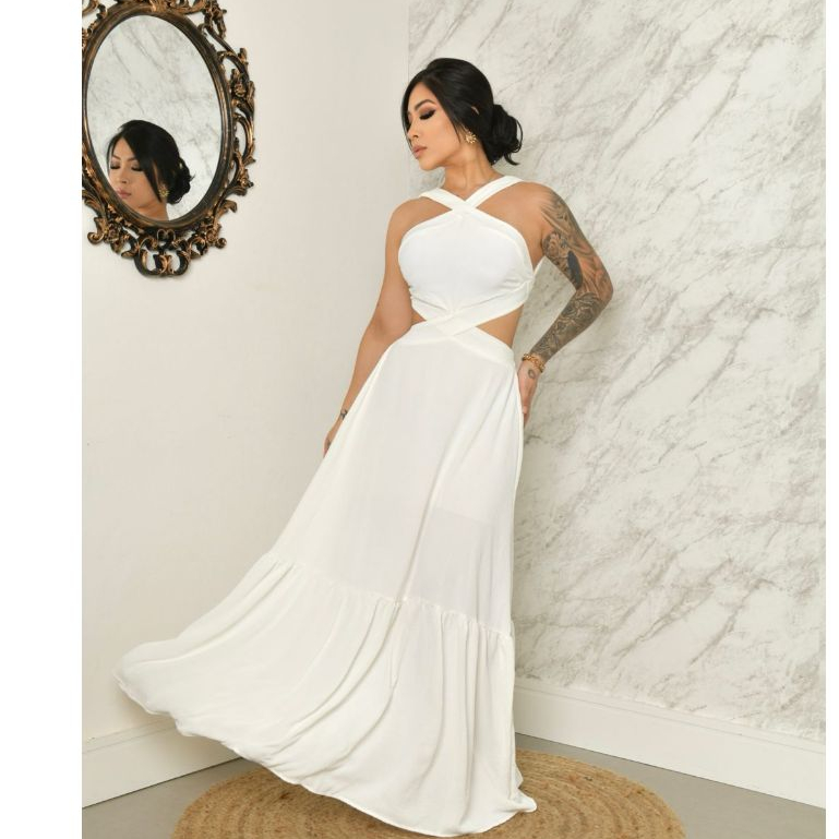 Vestido Longo Larissa Duna Amarração Nas Costas Detalhes Festa Casamento