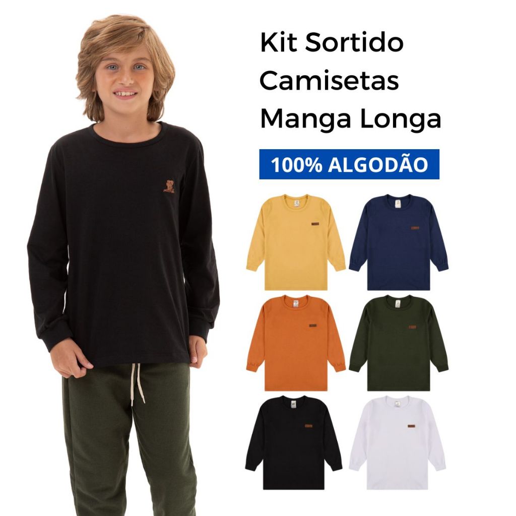 Kit 1, 3 ou 5 Camisetas Manga Longa Infantil Menino Básica Lisa ou Blusa Manga Longa Infantil Masculino em Oferta na Shopee