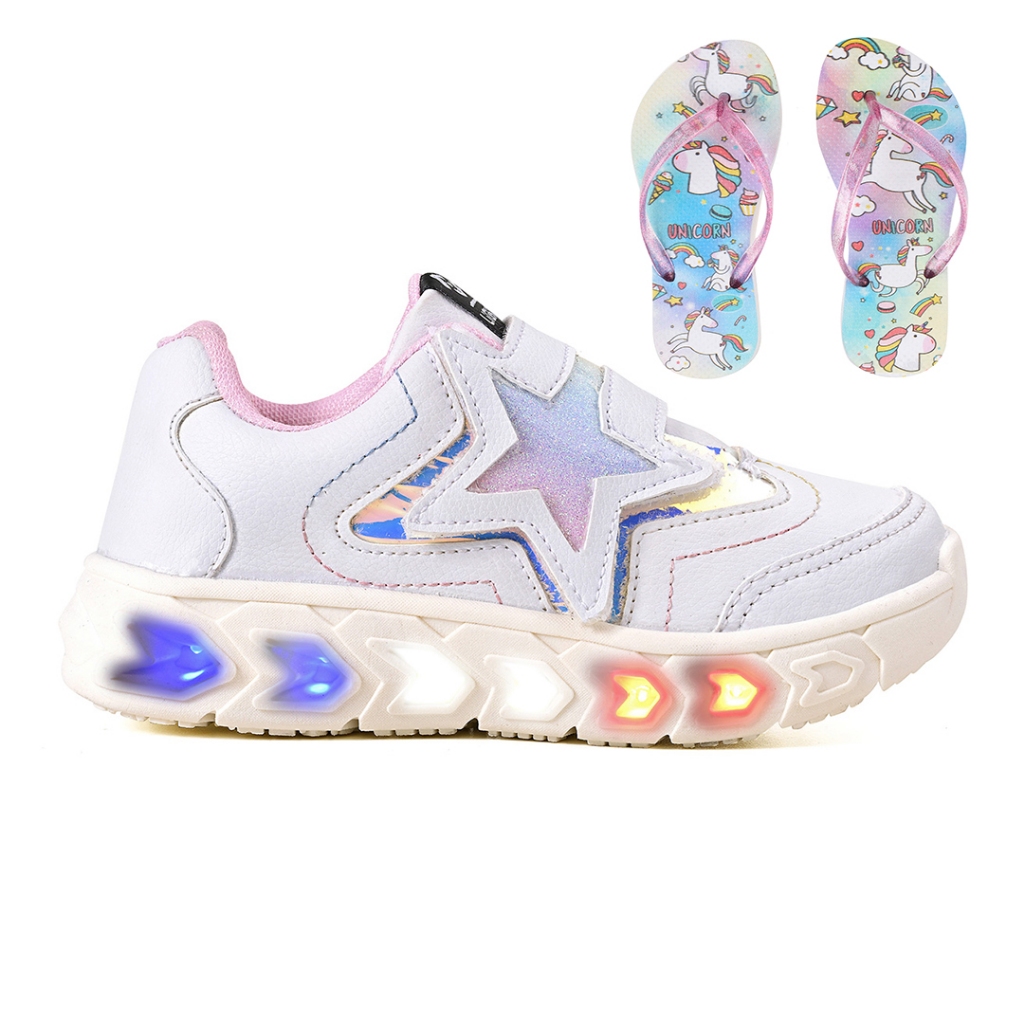 Tenis Infantil De Led Meninas Estrela Holografico Casual + Chinelo em Oferta na Shopee