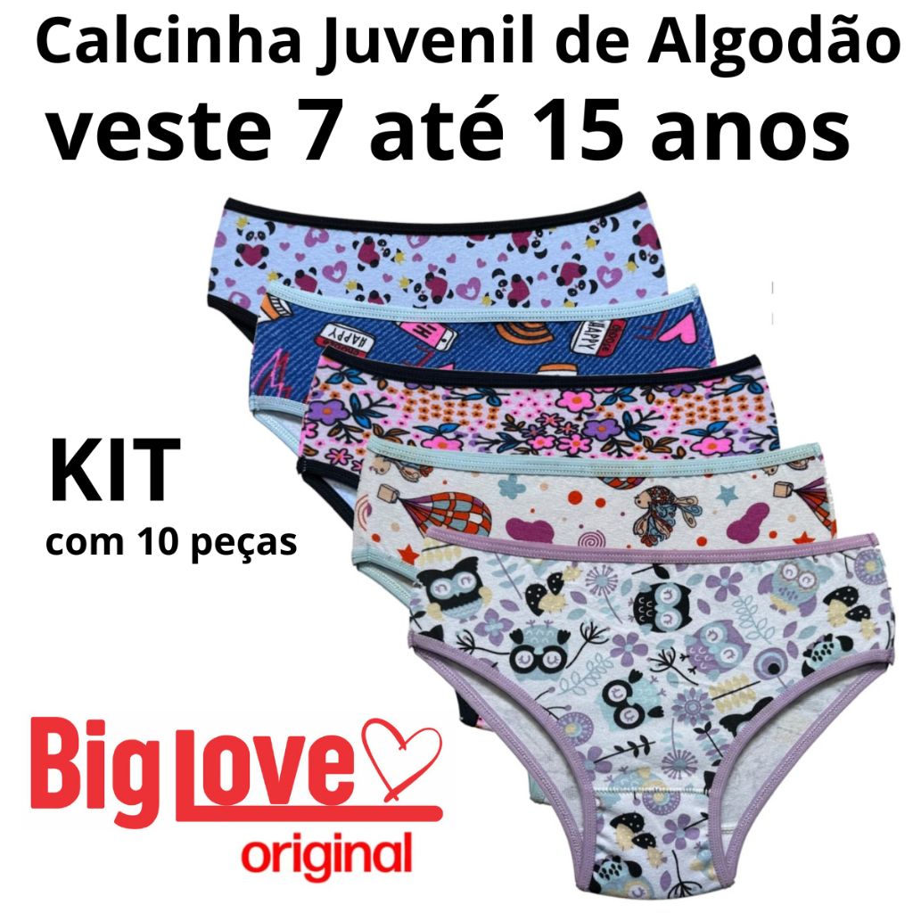 Kit com 10 Calcinhas Juvenil de Algodão ( Cotton ) Menina Moça Veste 7 ao 15 Anos Ref:025