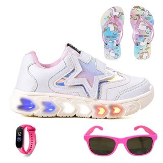 Tenis Infantil De Led Meninas Estrela Holografico Casual + Chinelo + Oculos + Relogio em Oferta na Shopee