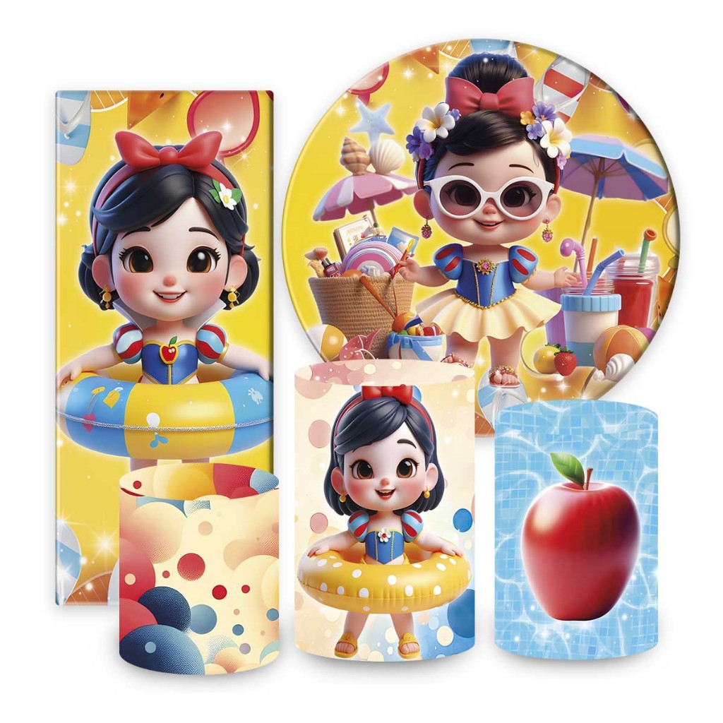 Painel de festa Branca de Neve, painel redondo, capa de cilindro e portal romano