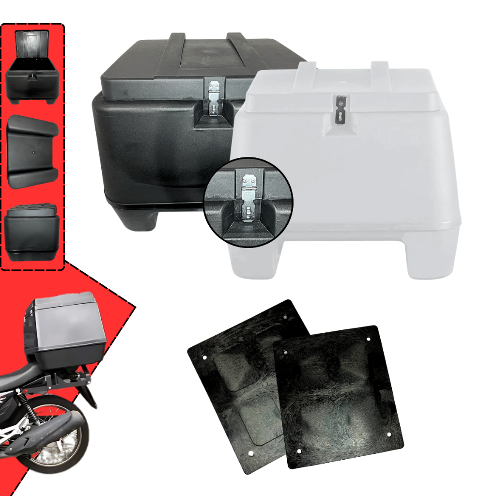 Baú Bauleto 80 Litros Titan Bros Cg Biz Fan Com Placa de Fixação Pro Tork Original Motoboy Plástico Branco Preto Baú Bauleto 80 Litros Titan Bros Cg Biz Fan Com Placa de Fixação Pro Tork Original Motoboy Plástico Branco Preto